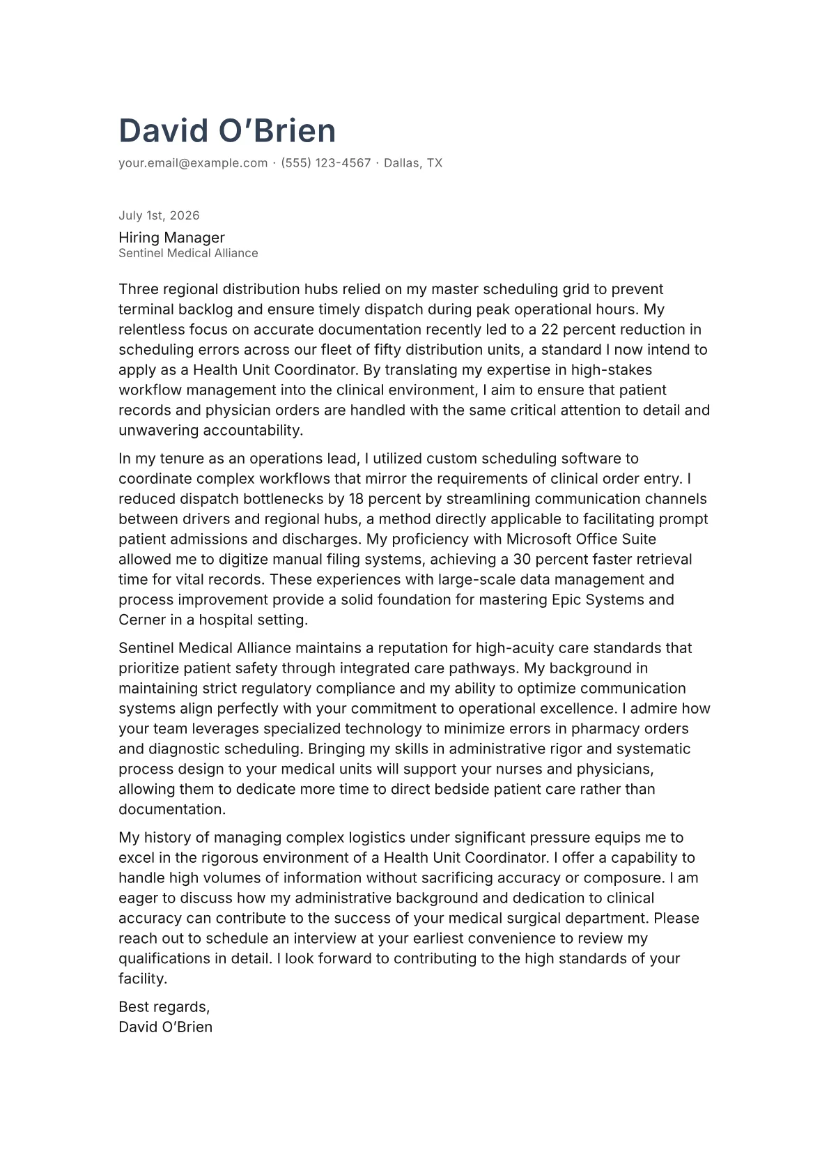 Health Unit Coordinator cover letter in the Minimal design