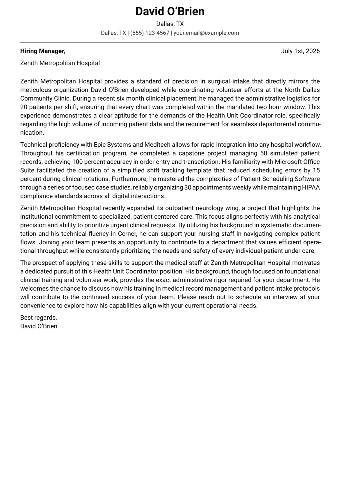 Health Unit Coordinator cover letter in the Modern design