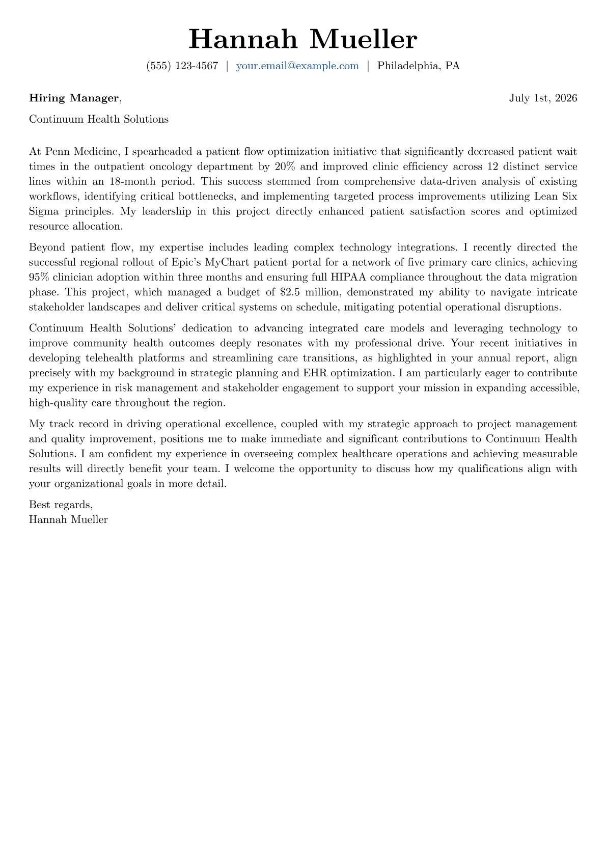Healthcare cover letter formatted with a JobSprout template