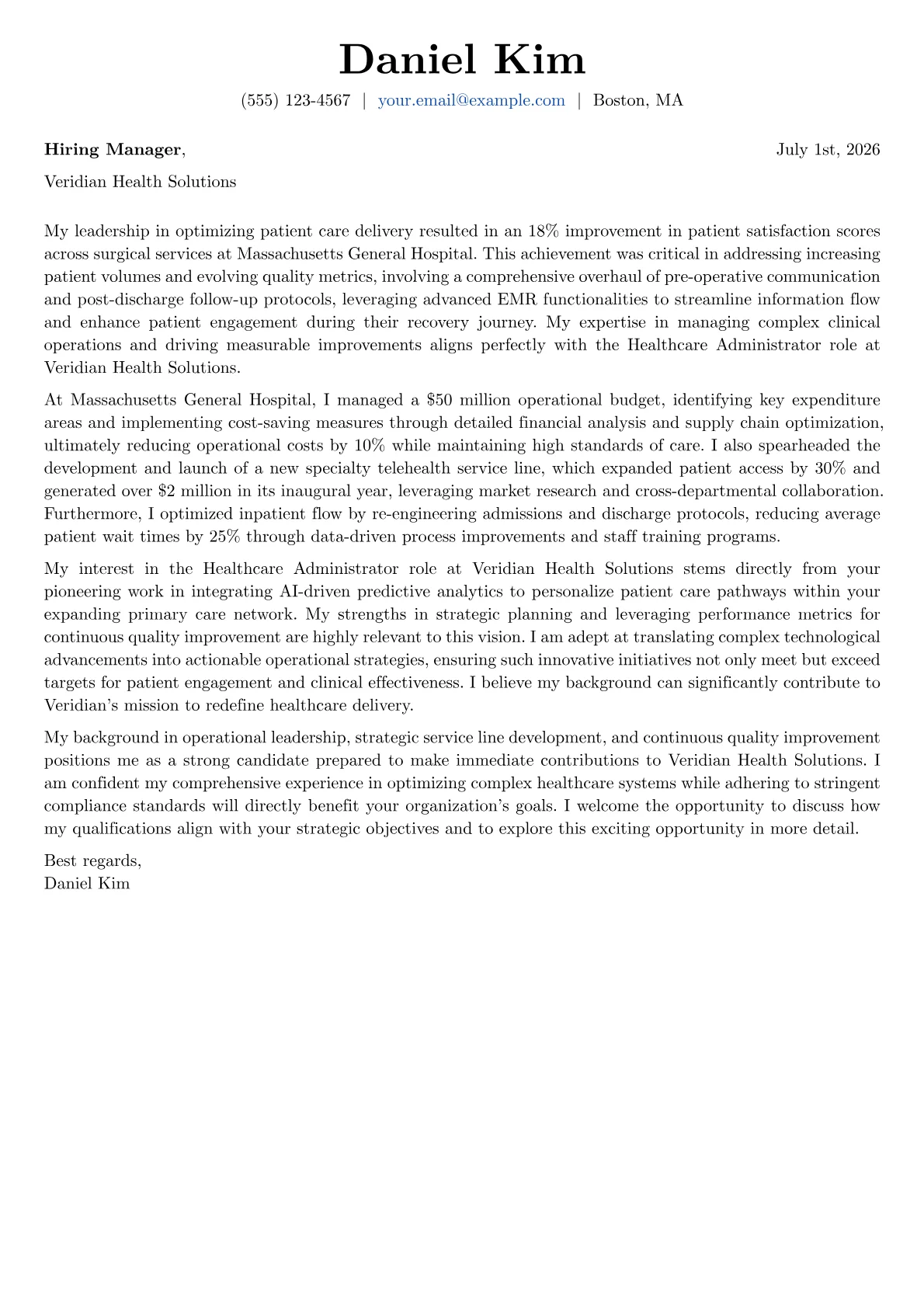Healthcare Administrator cover letter formatted with a JobSprout template