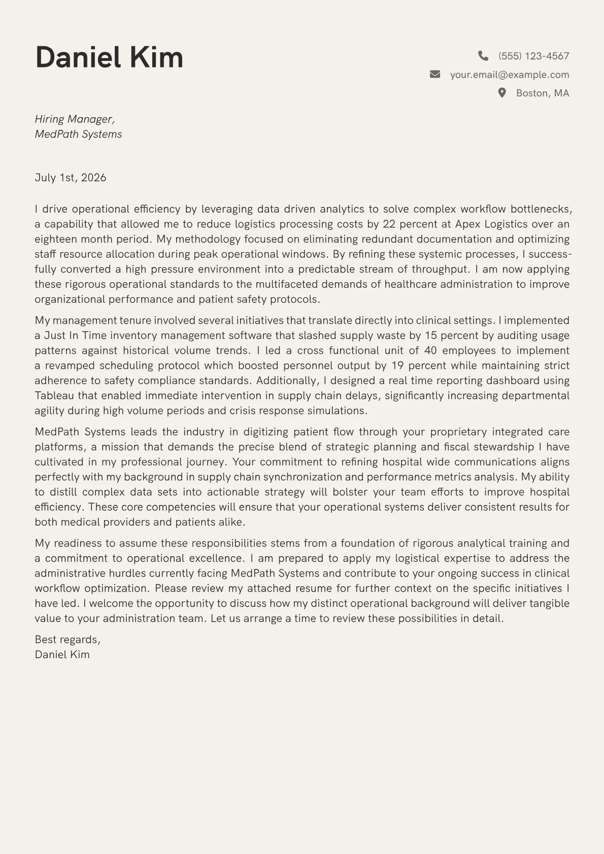 Healthcare Administrator cover letter in the Creative design