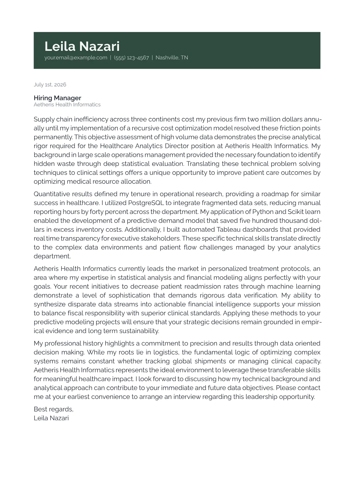 Healthcare Analytics Director cover letter in the Banner design