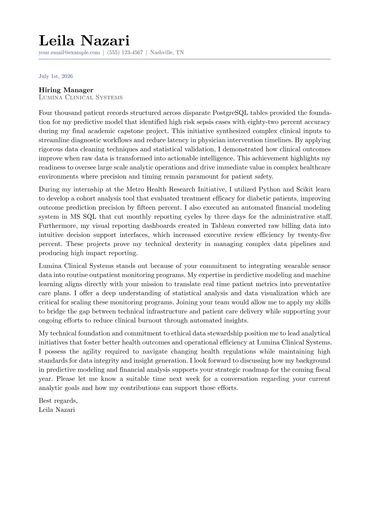 Healthcare Analytics Director cover letter in the Classic design