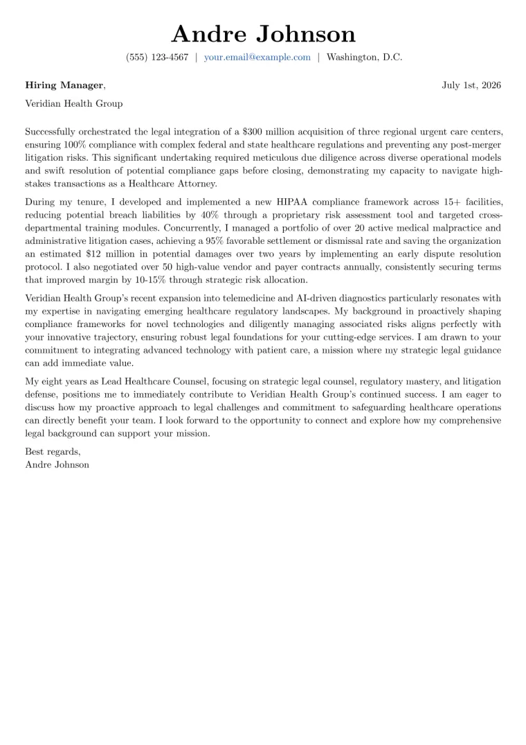 Healthcare Attorney Cover Letter Example
