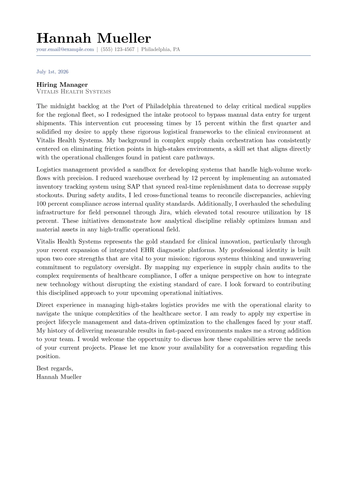 Healthcare cover letter in the Classic design