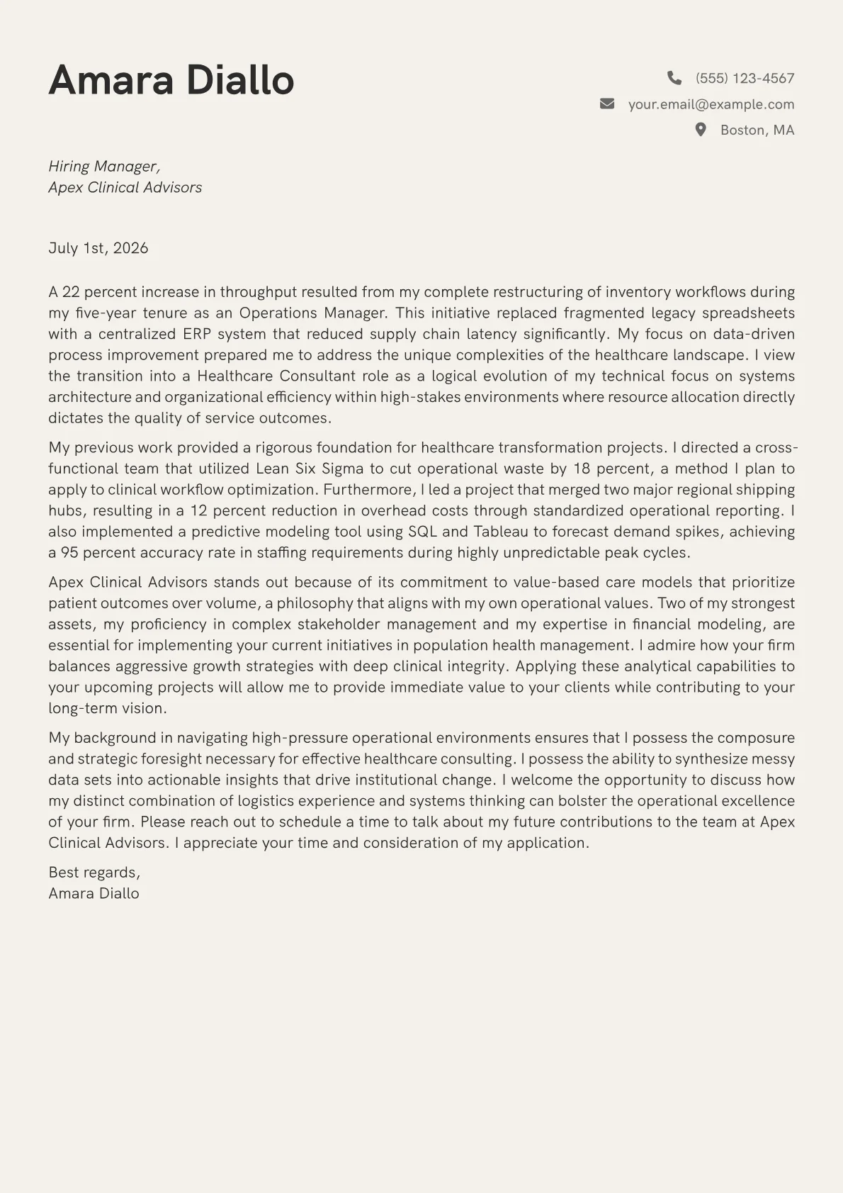 Healthcare Consultant cover letter in the Creative design