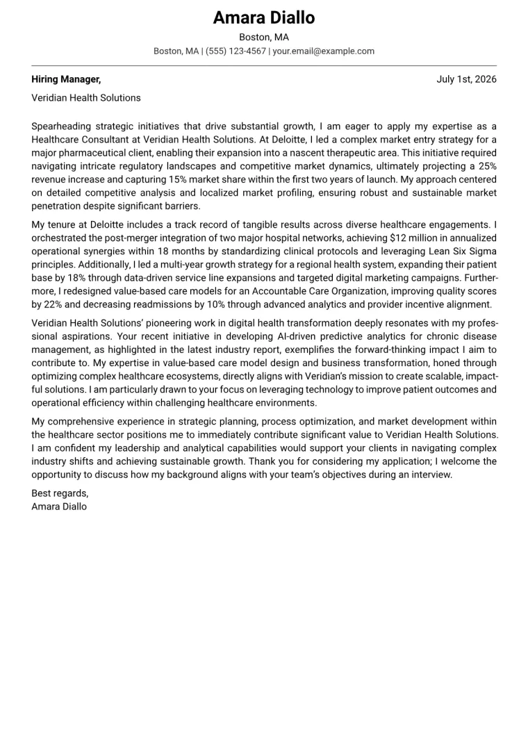 Healthcare Consultant cover letter example preview