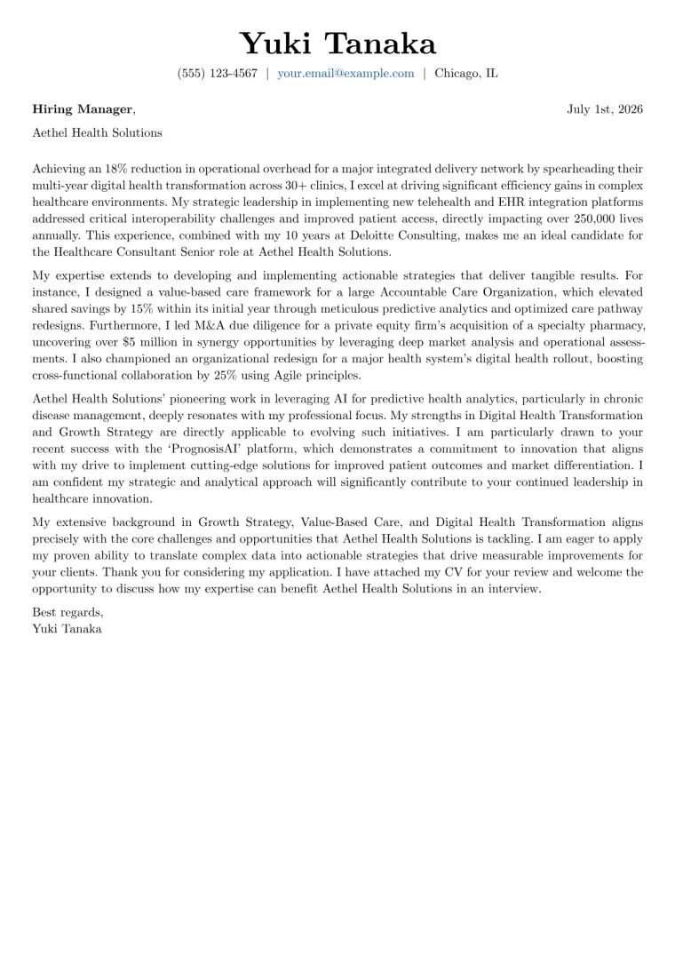Healthcare Consultant Senior Cover Letter Example