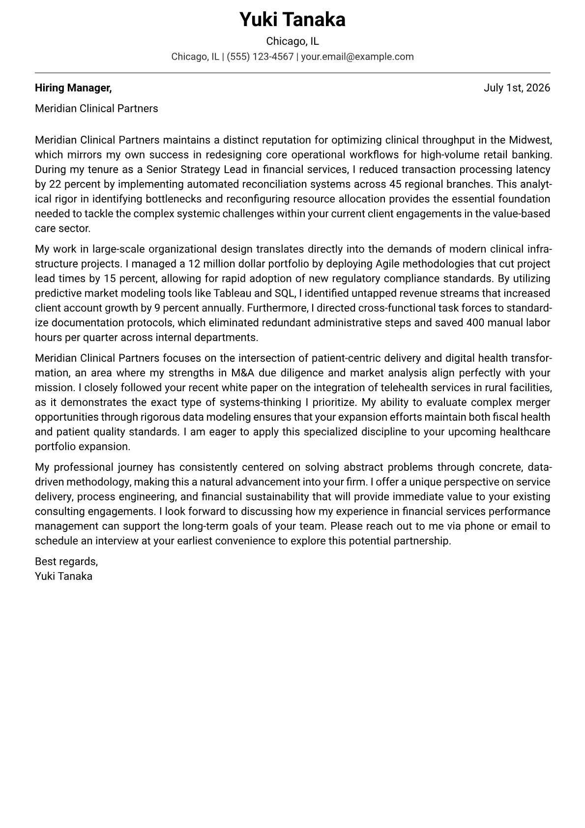 Healthcare Consultant Senior cover letter in the Modern design