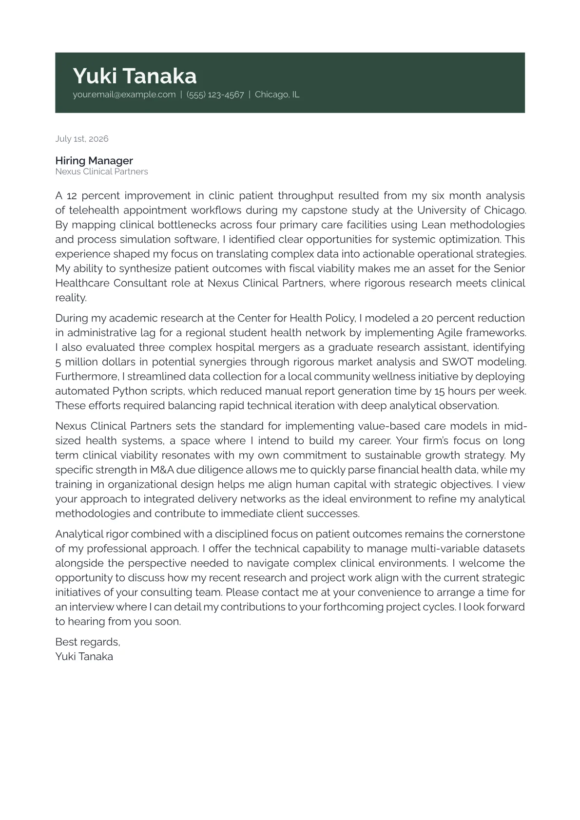 Healthcare Consultant Senior cover letter in the Banner design