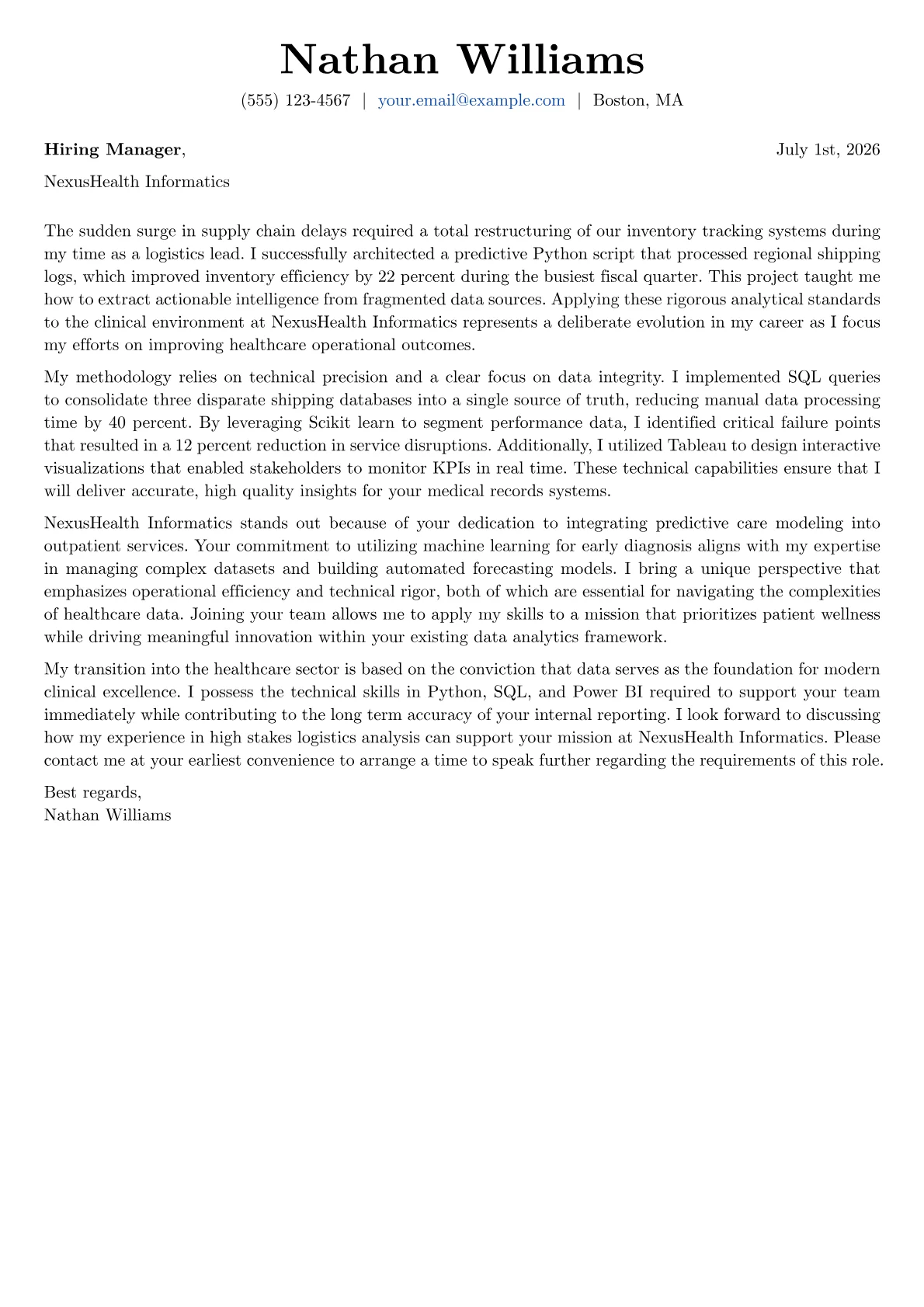 Healthcare Data Analyst cover letter in the Basic design