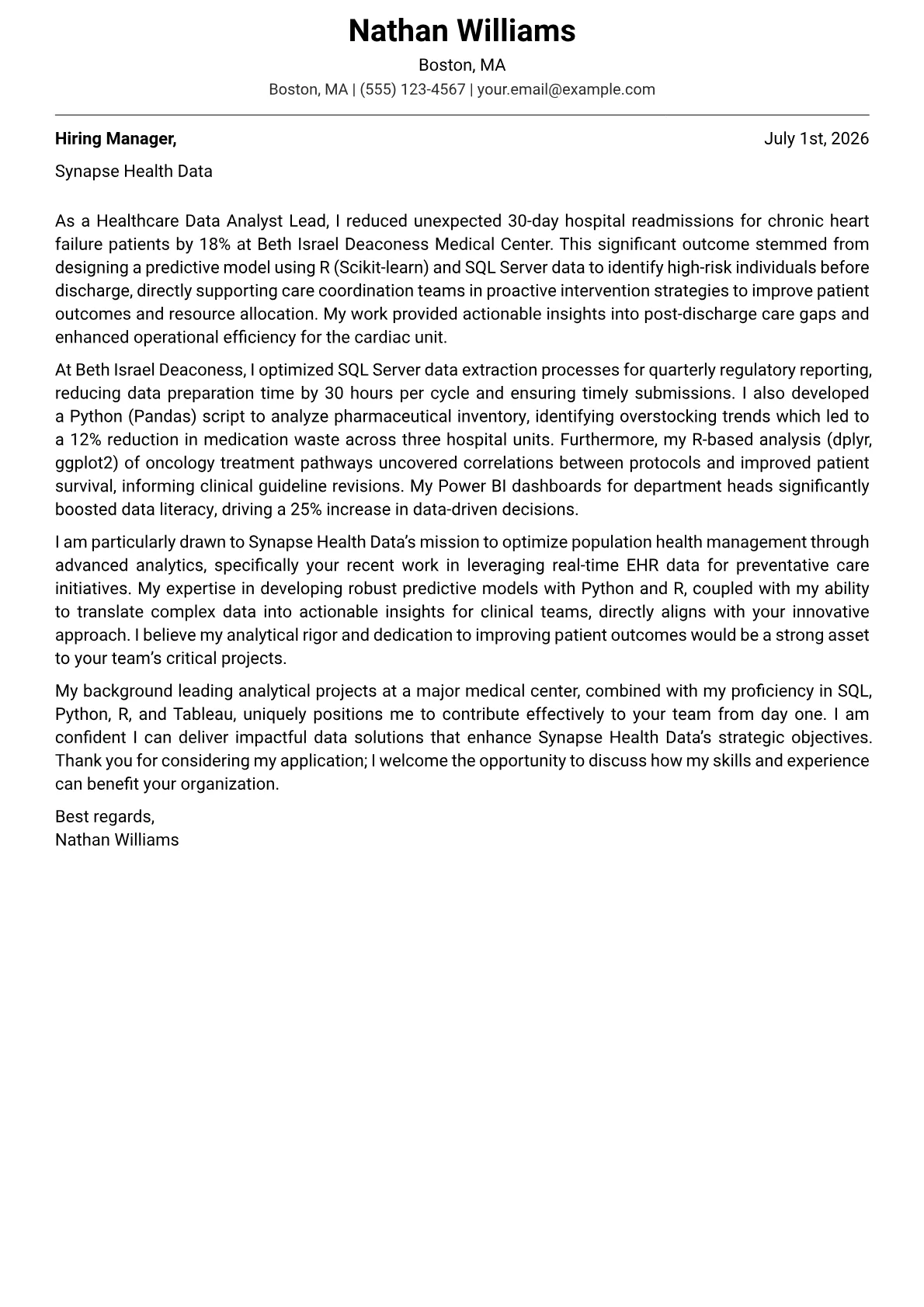 Healthcare Data Analyst cover letter formatted with a JobSprout template