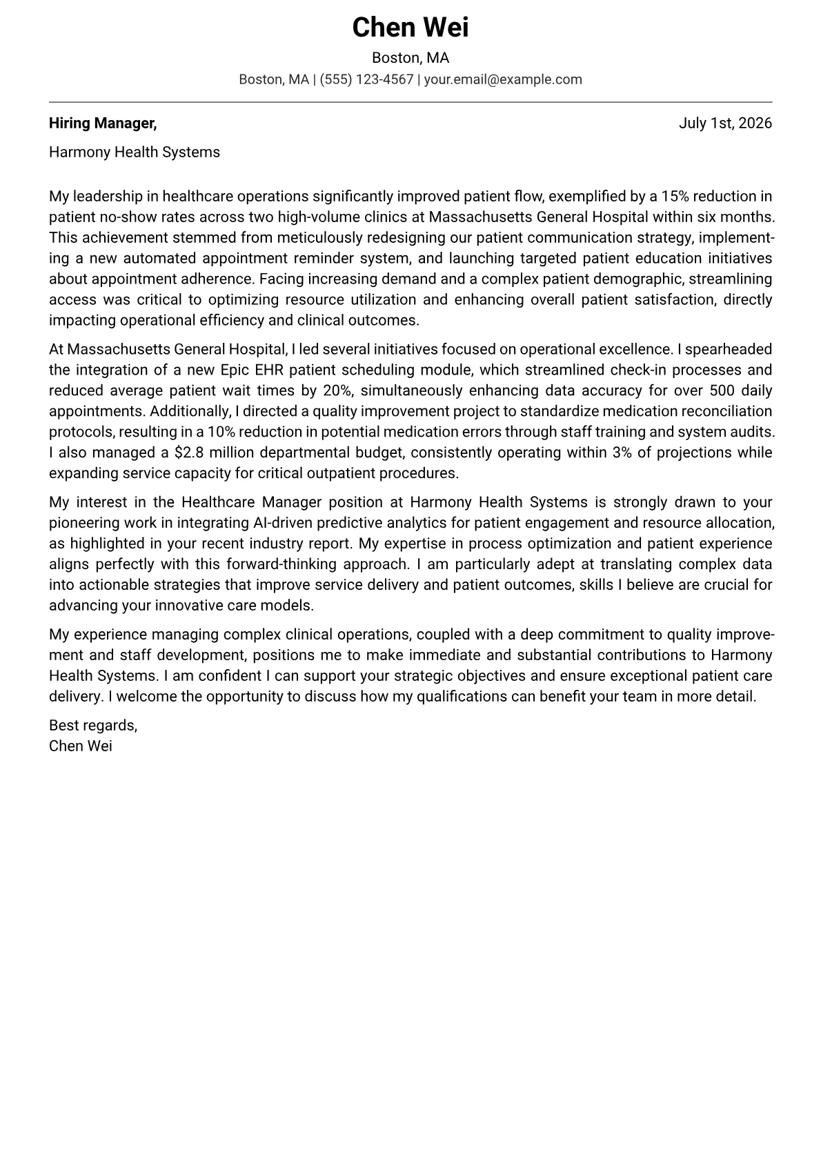 Healthcare Manager cover letter formatted with a JobSprout template