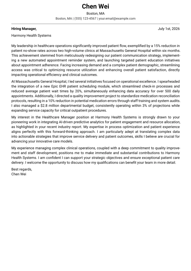 Healthcare Manager Cover Letter Example