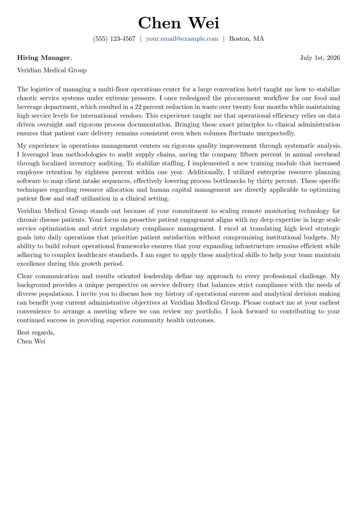 Healthcare Manager cover letter in the Basic design