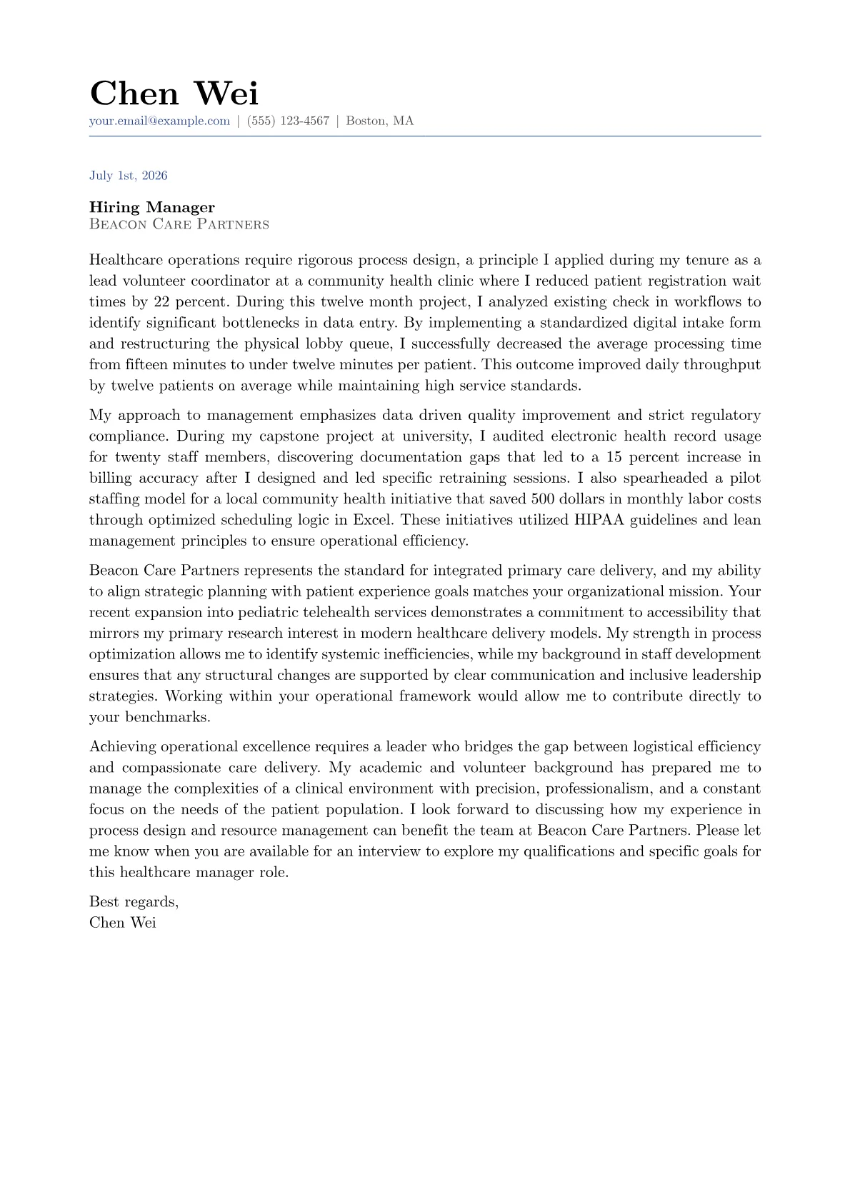 Healthcare Manager cover letter in the Classic design