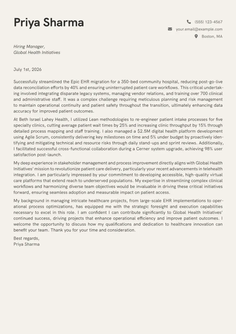 Healthcare Project Manager cover letter example preview