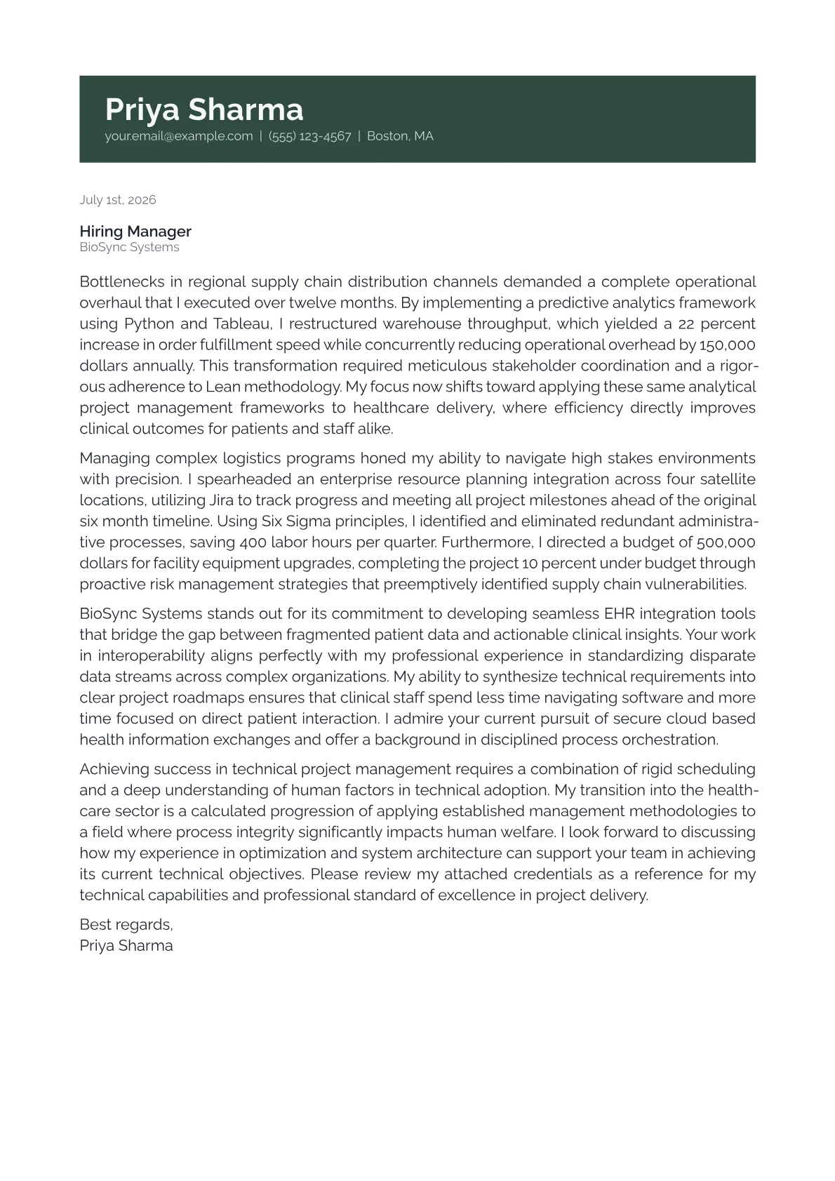 Healthcare Project Manager cover letter in the Banner design