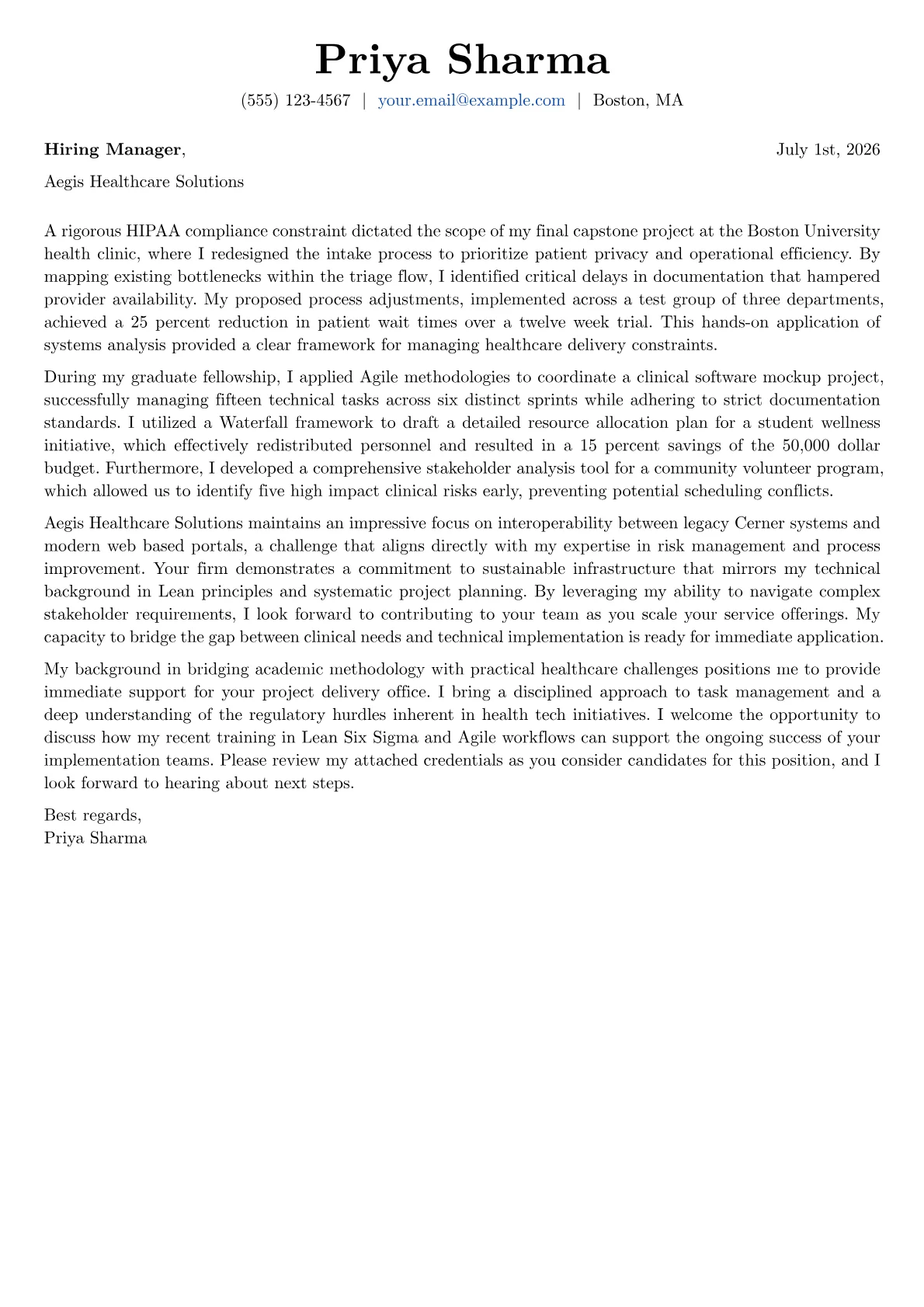 Healthcare Project Manager cover letter in the Basic design