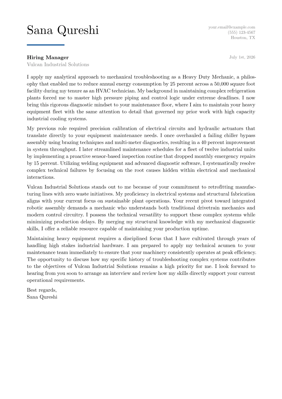 Heavy Duty Mechanic cover letter in the Executive design