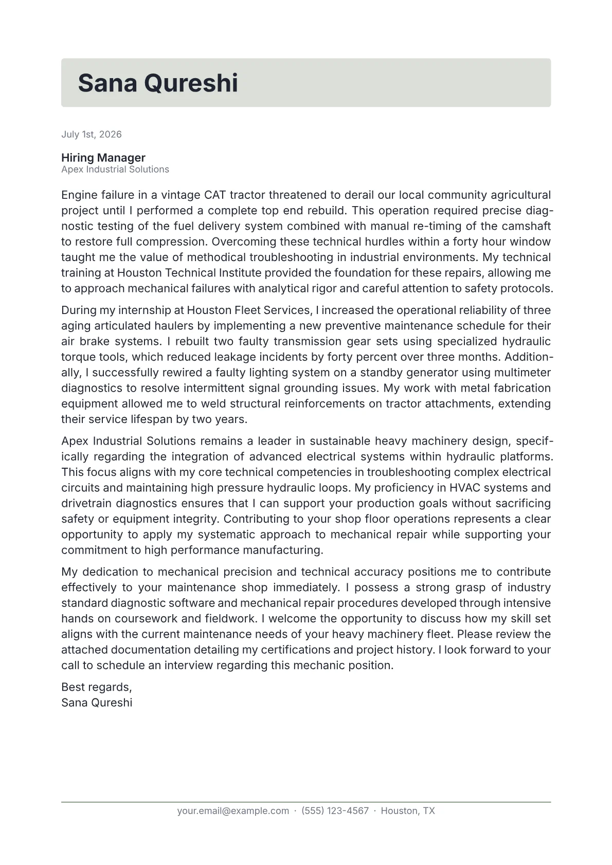 Heavy Duty Mechanic cover letter in the Letterhead design