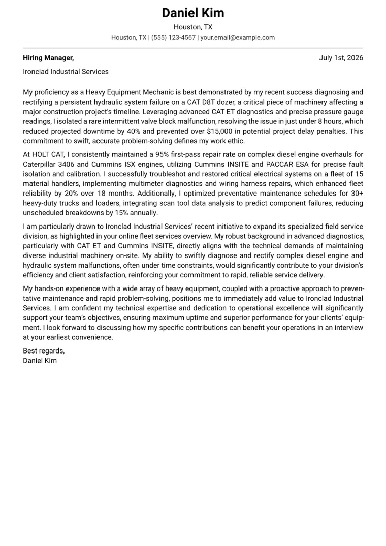 Heavy Equipment Mechanic Cover Letter Example