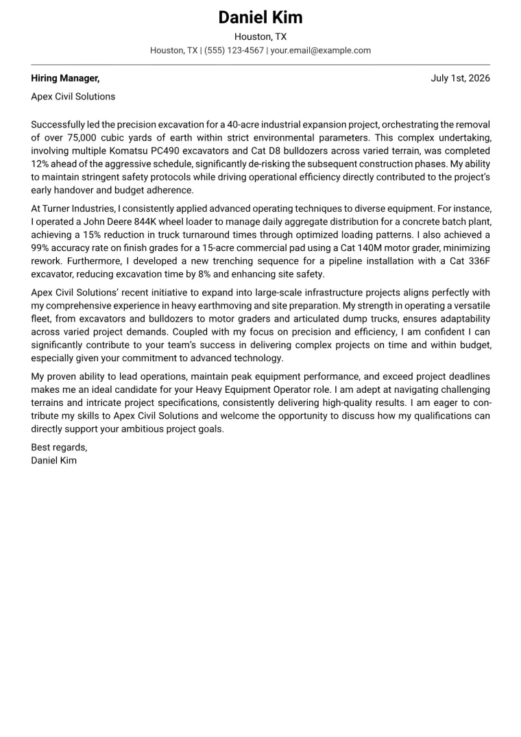 Heavy Equipment Operator Cover Letter Example