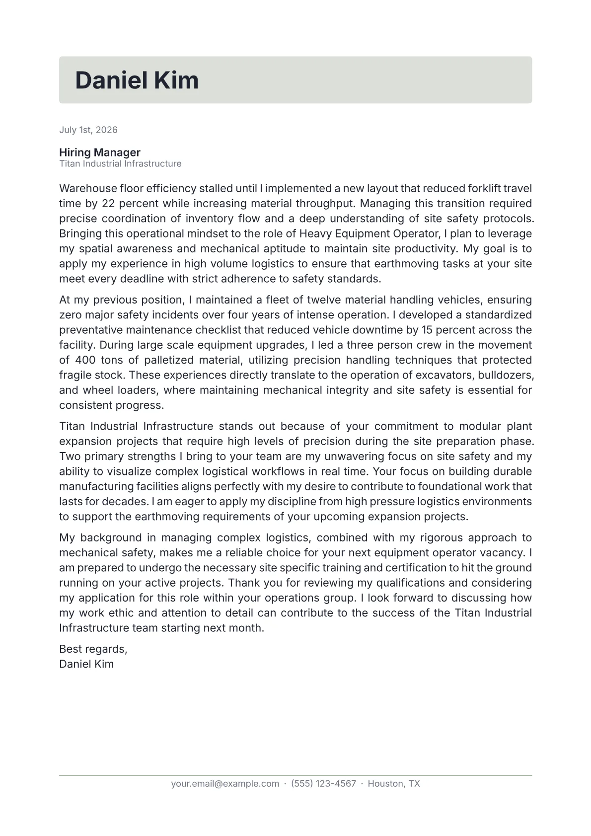 Heavy Equipment Operator cover letter in the Letterhead design