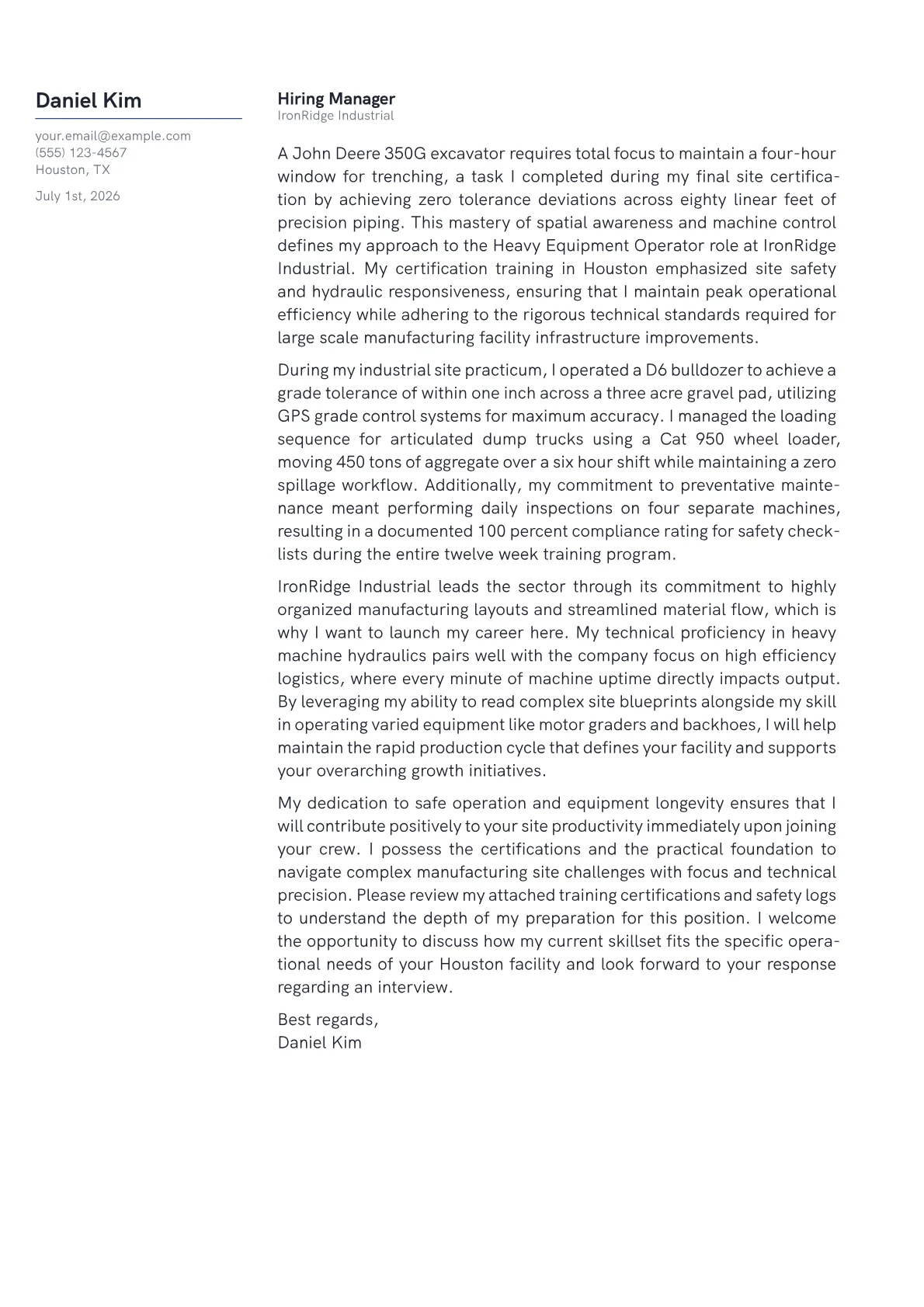 Heavy Equipment Operator cover letter in the Margin design
