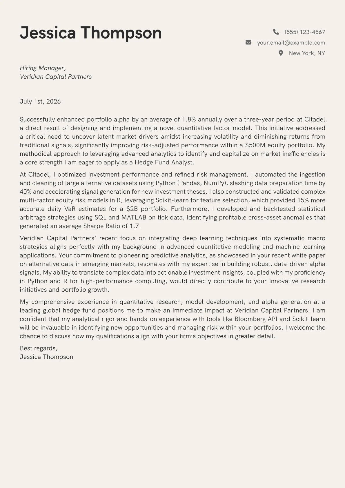 Hedge Fund Analyst cover letter formatted with a JobSprout template