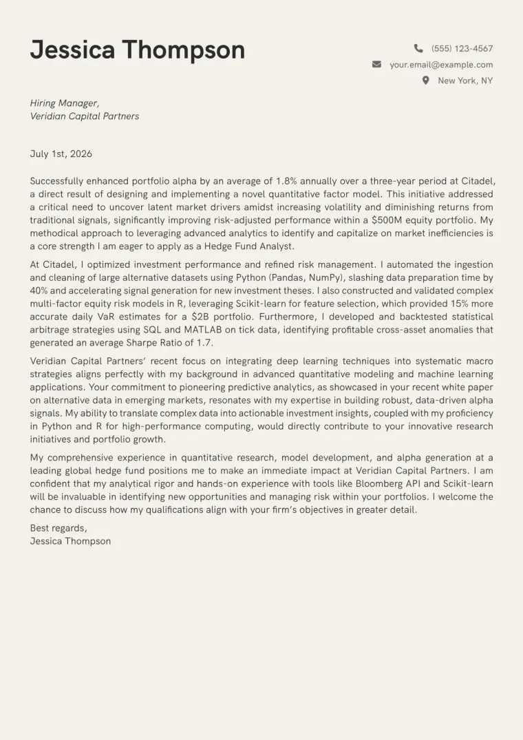 Hedge Fund Analyst cover letter example preview