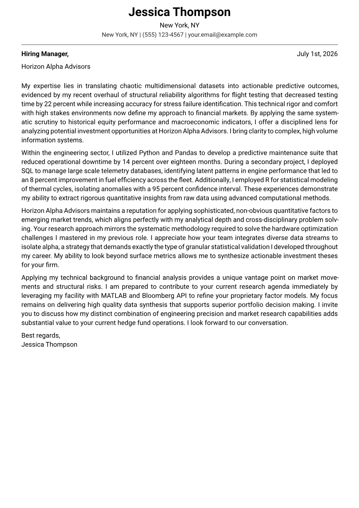 Hedge Fund Analyst cover letter in the Modern design