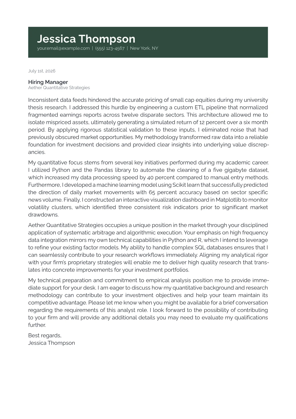 Hedge Fund Analyst cover letter in the Banner design