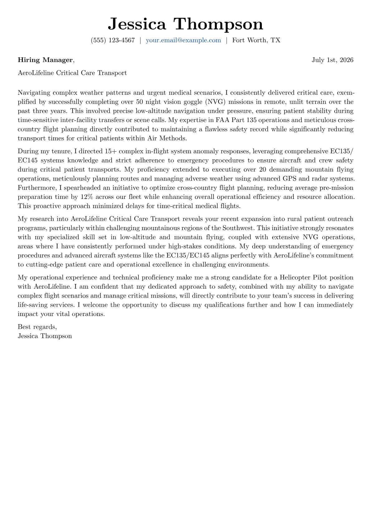 Helicopter Pilot cover letter formatted with a JobSprout template