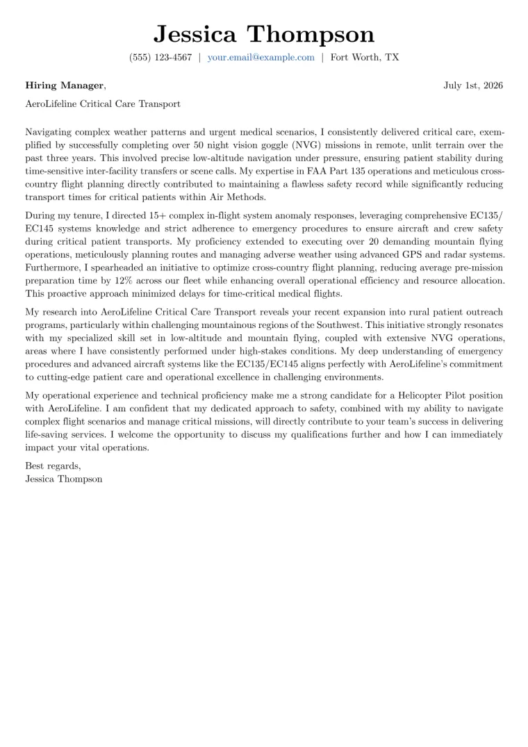 Helicopter Pilot cover letter example preview