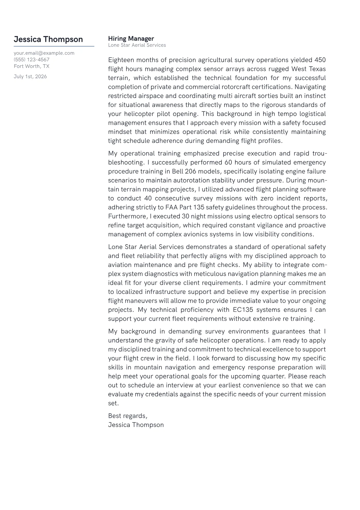 Helicopter Pilot cover letter in the Margin design