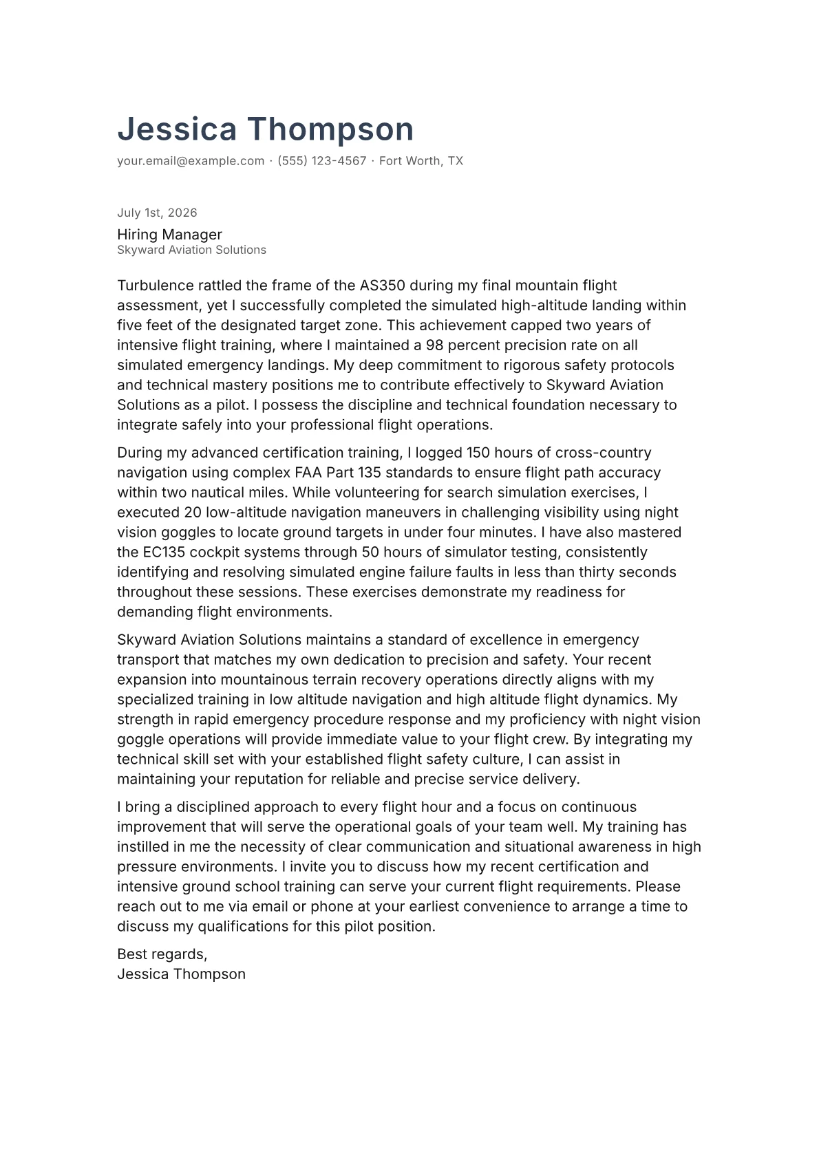 Helicopter Pilot cover letter in the Minimal design