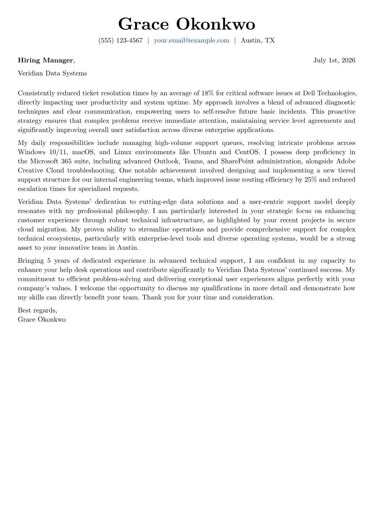 Help Desk cover letter formatted with a JobSprout template
