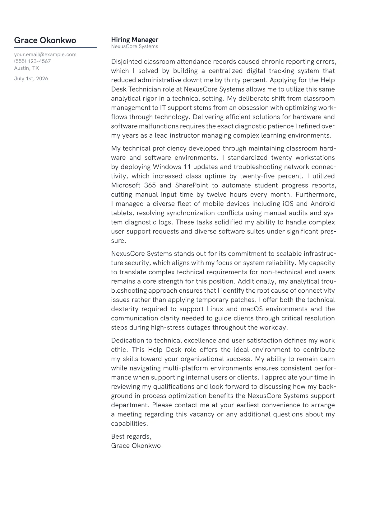 Help Desk cover letter in the Margin design