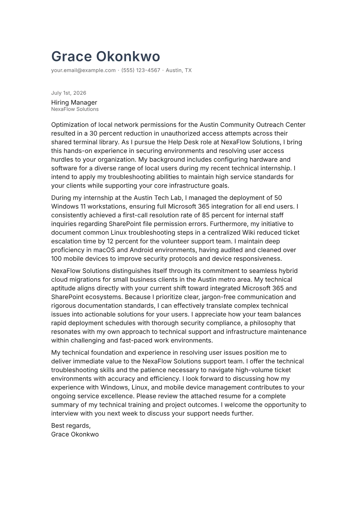 Help Desk cover letter in the Minimal design