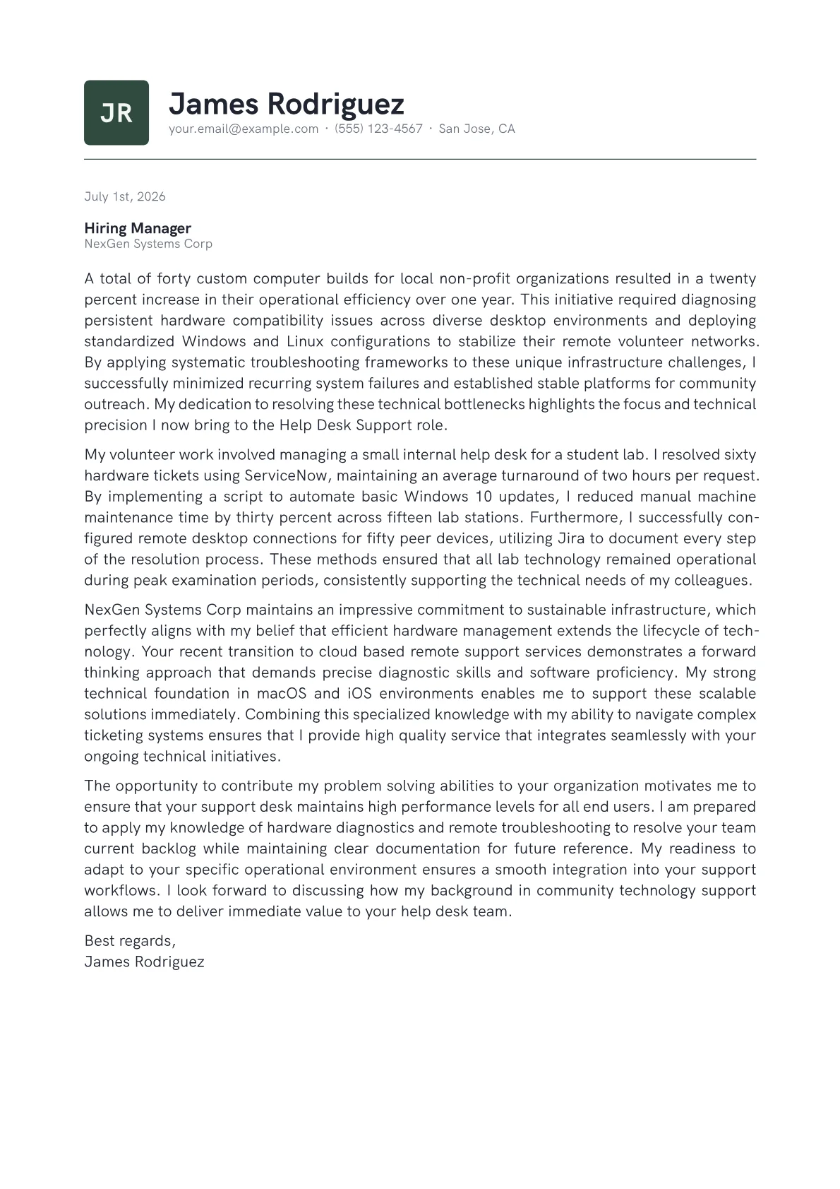 Help Desk Support cover letter in the Emblem design