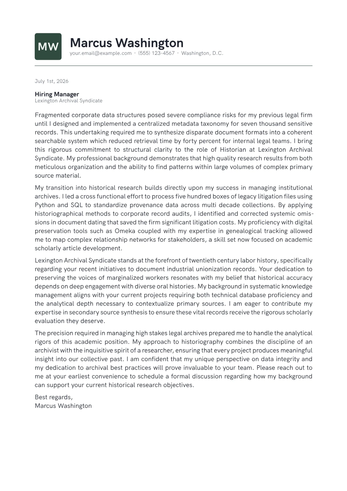 Historian cover letter in the Emblem design