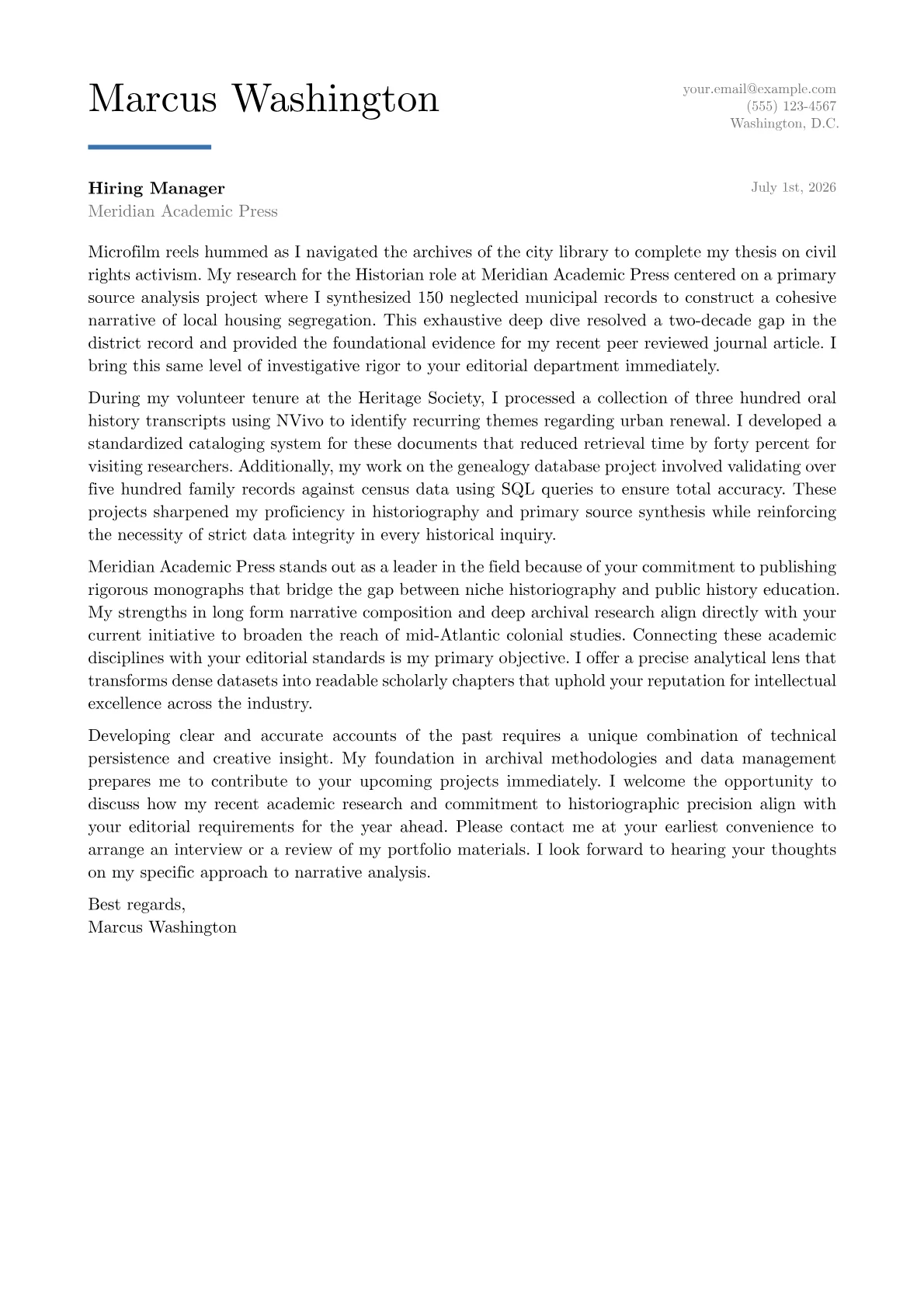 Historian cover letter in the Executive design