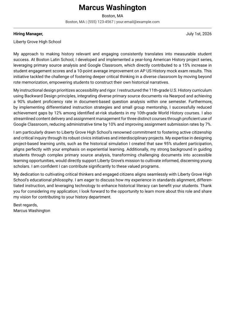 History Teacher Cover Letter Example