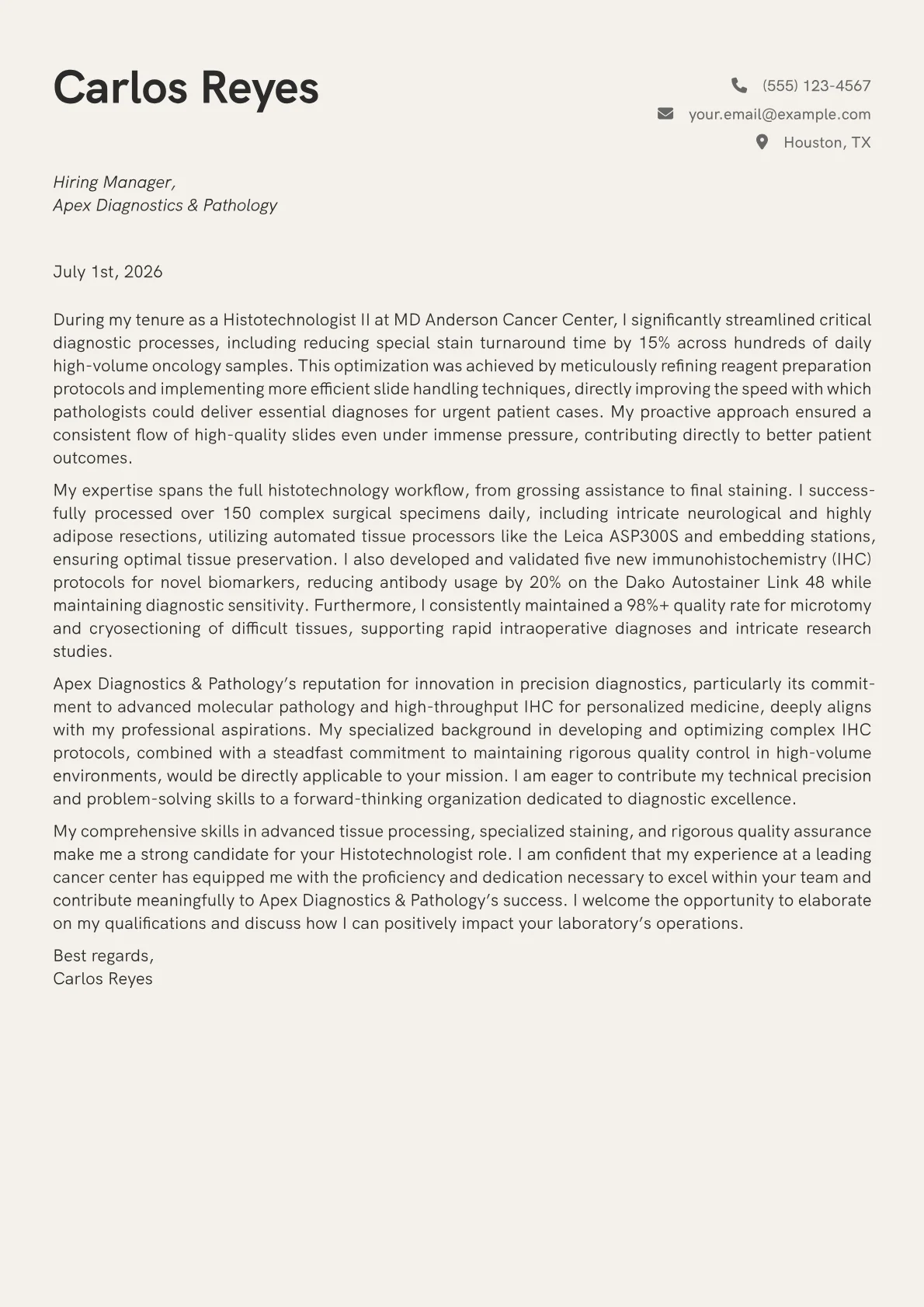 Histotechnologist cover letter formatted with a JobSprout template