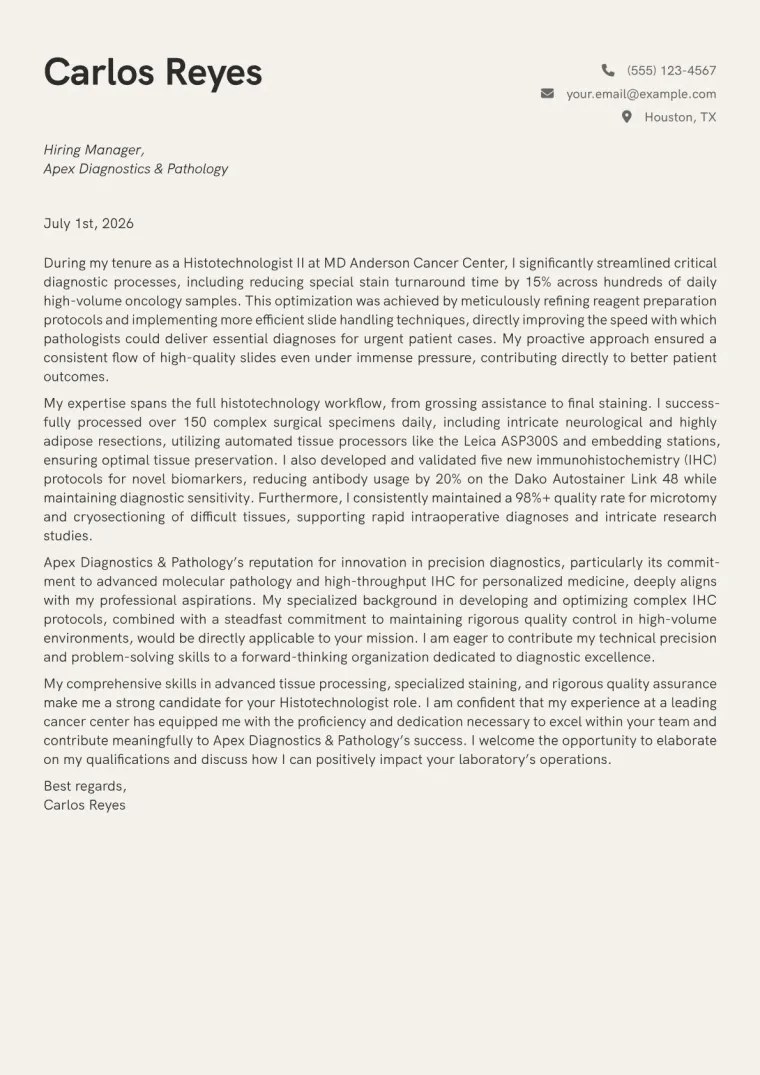Histotechnologist cover letter example preview