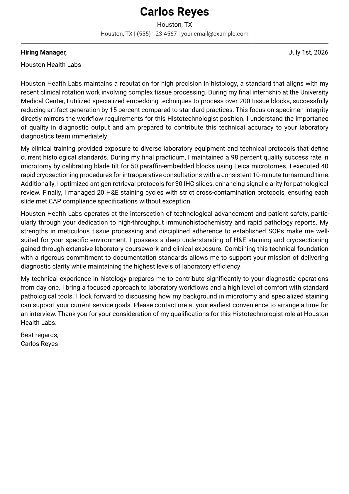 Histotechnologist cover letter in the Modern design