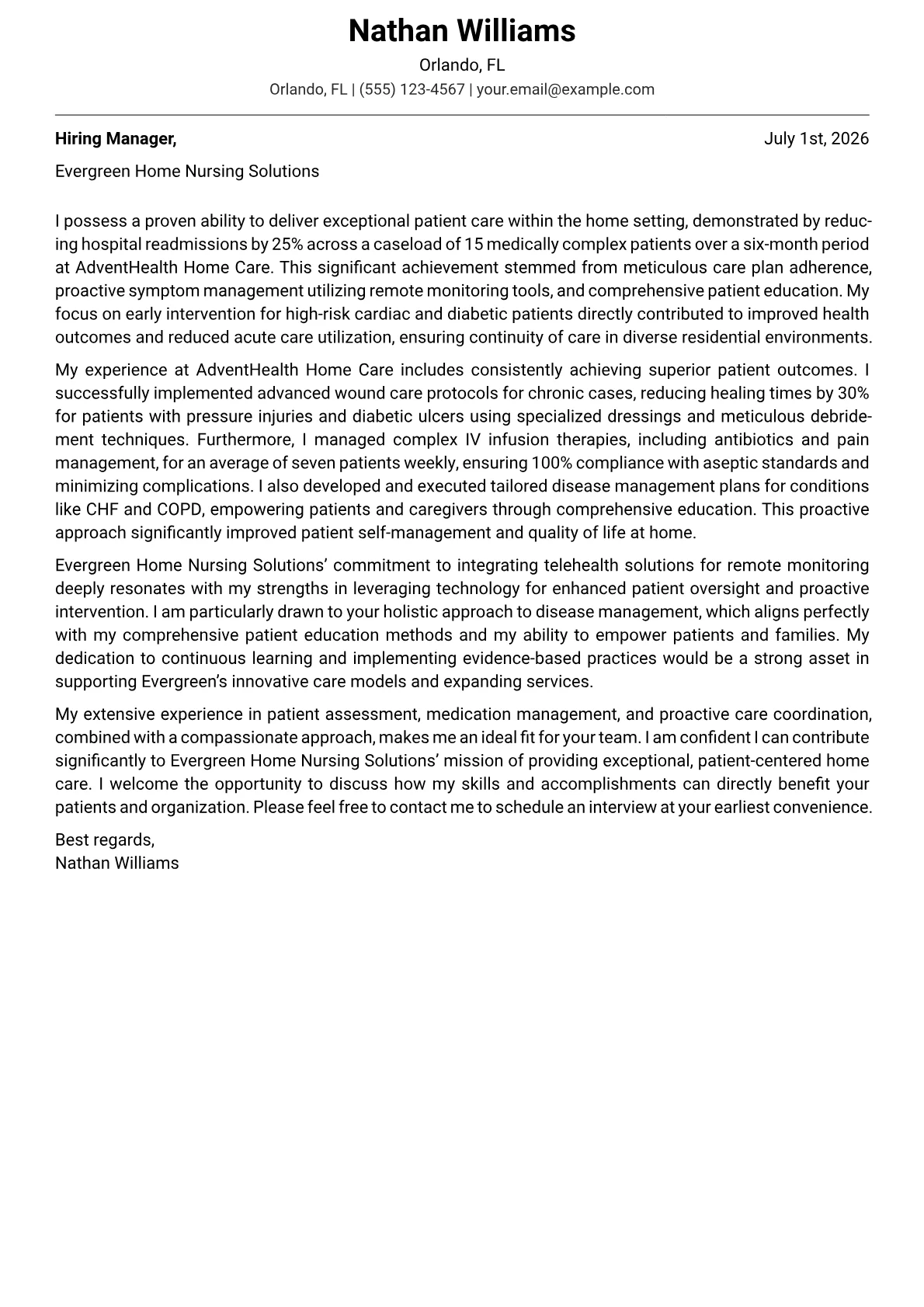 Home Care Nurse cover letter formatted with a JobSprout template