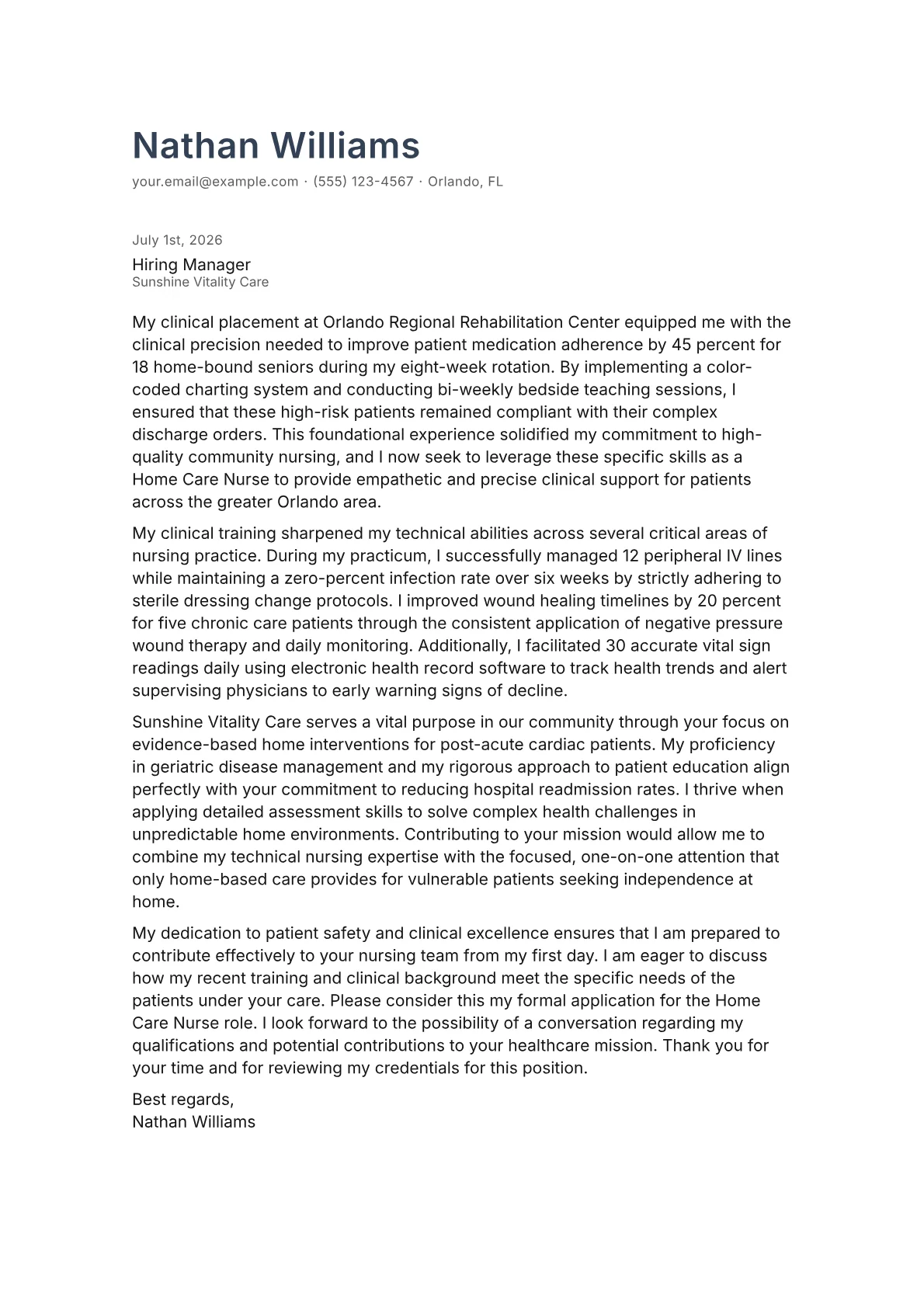 Home Care Nurse cover letter in the Minimal design