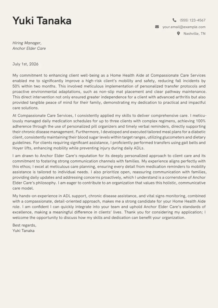 Home Health Aide Cover Letter Example